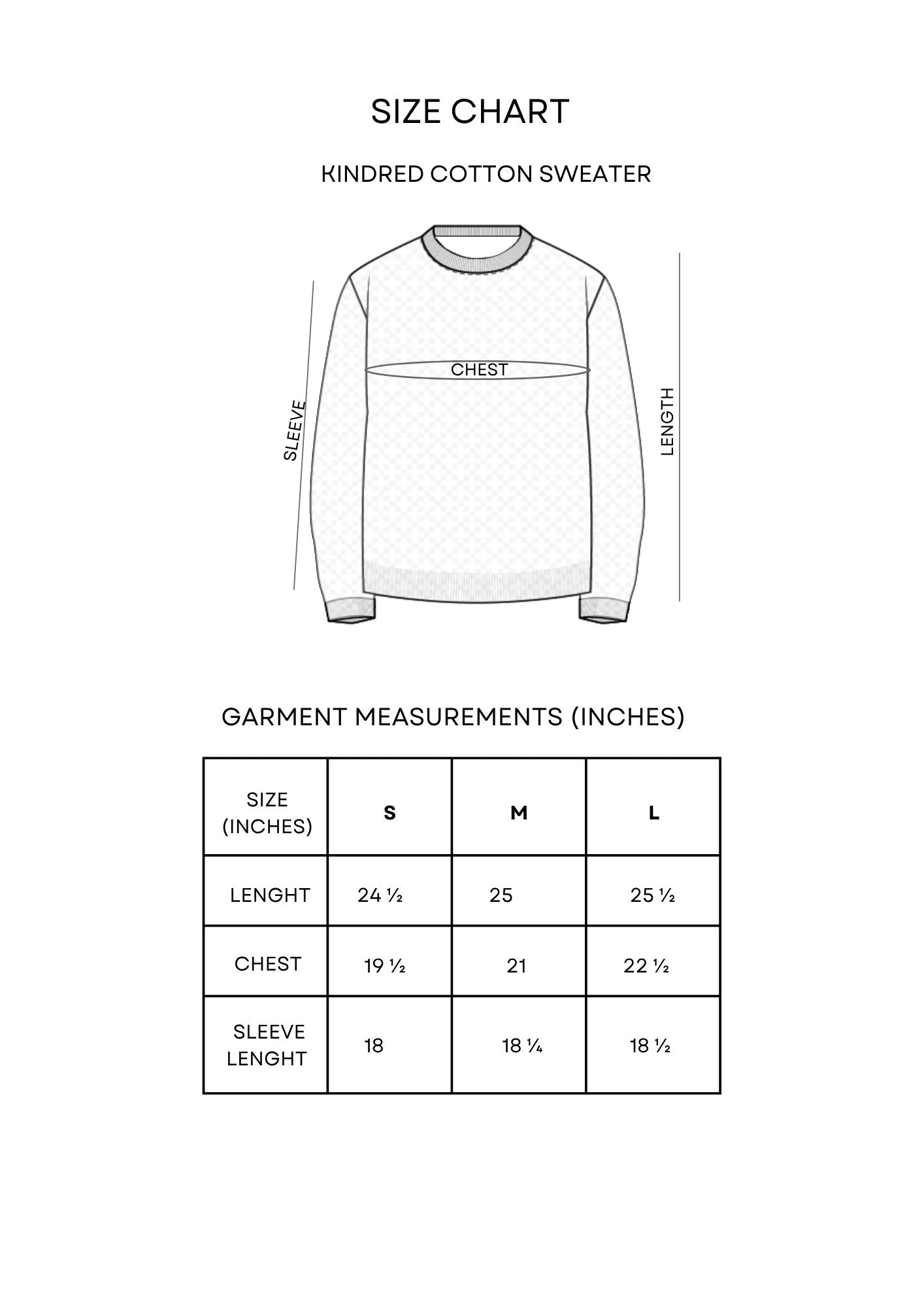 Guía de tallas Kindred Cotton Sweater