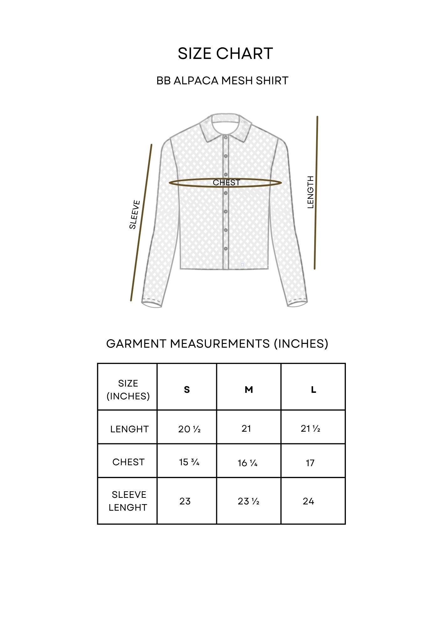 Guía de tallas BB Alpaca Mesh Camisa