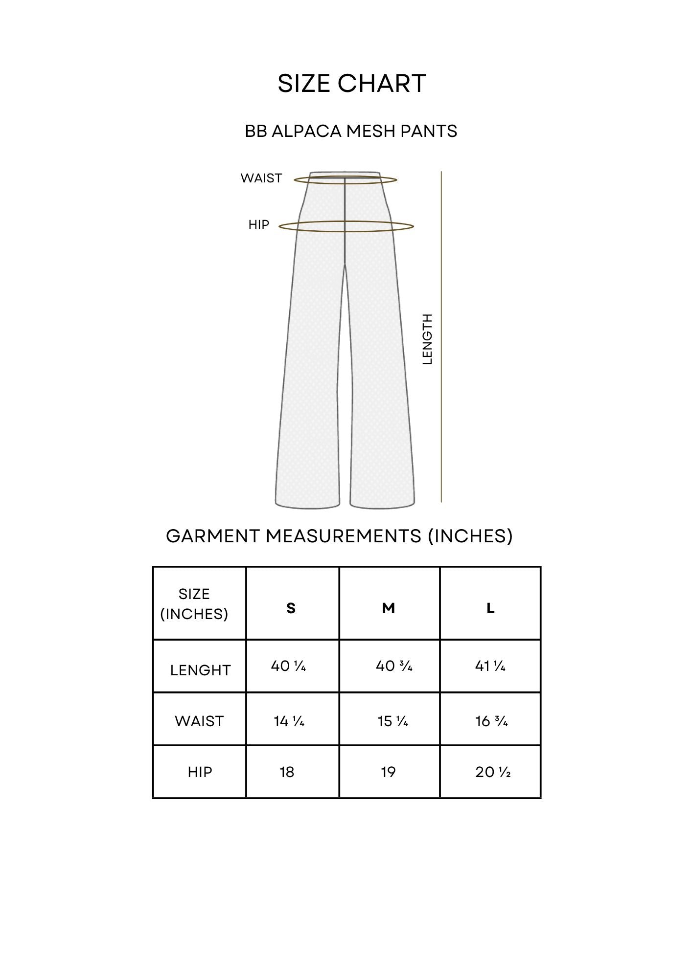 Guía de tallas BB Alpaca Mesh Pants